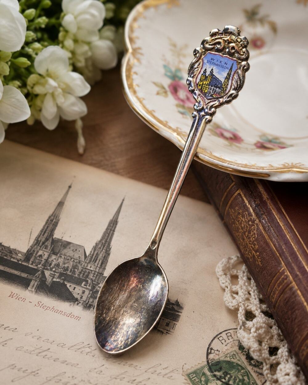 Vintage Wien Stephansdom Vienna Austria Silver Plated Enamel Souvenir Spoon 4"